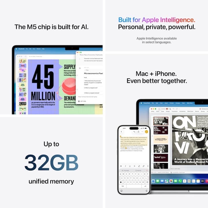 Laptop Apple MacBook Air 15'' cu procesor Apple M5, 10 nuclee CPU, 10 nuclee GPU, 24GB RAM, 1TB SSD, Midnight, Tastatura Layout Germania — 9